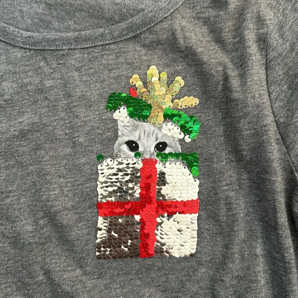 Old Navy Kids Gray Long Sleeve Tie Front Shirt Cat Present Sequin‎ Graphic Large